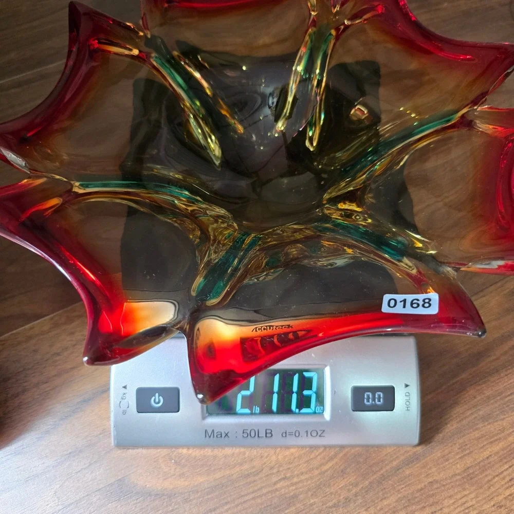 MCM 60s Murano Hand-Blown‎ Glass Bowl Red Amber Teal Sommerso Starburst 10 inch